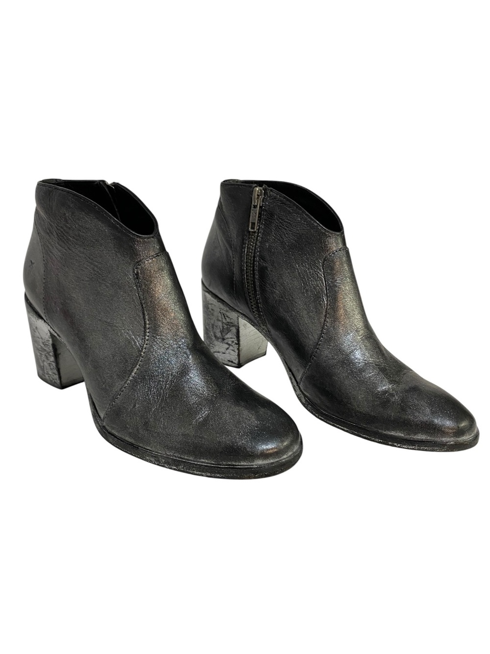 Frye Black Leather Ankle Booties with Metallic Block Heel